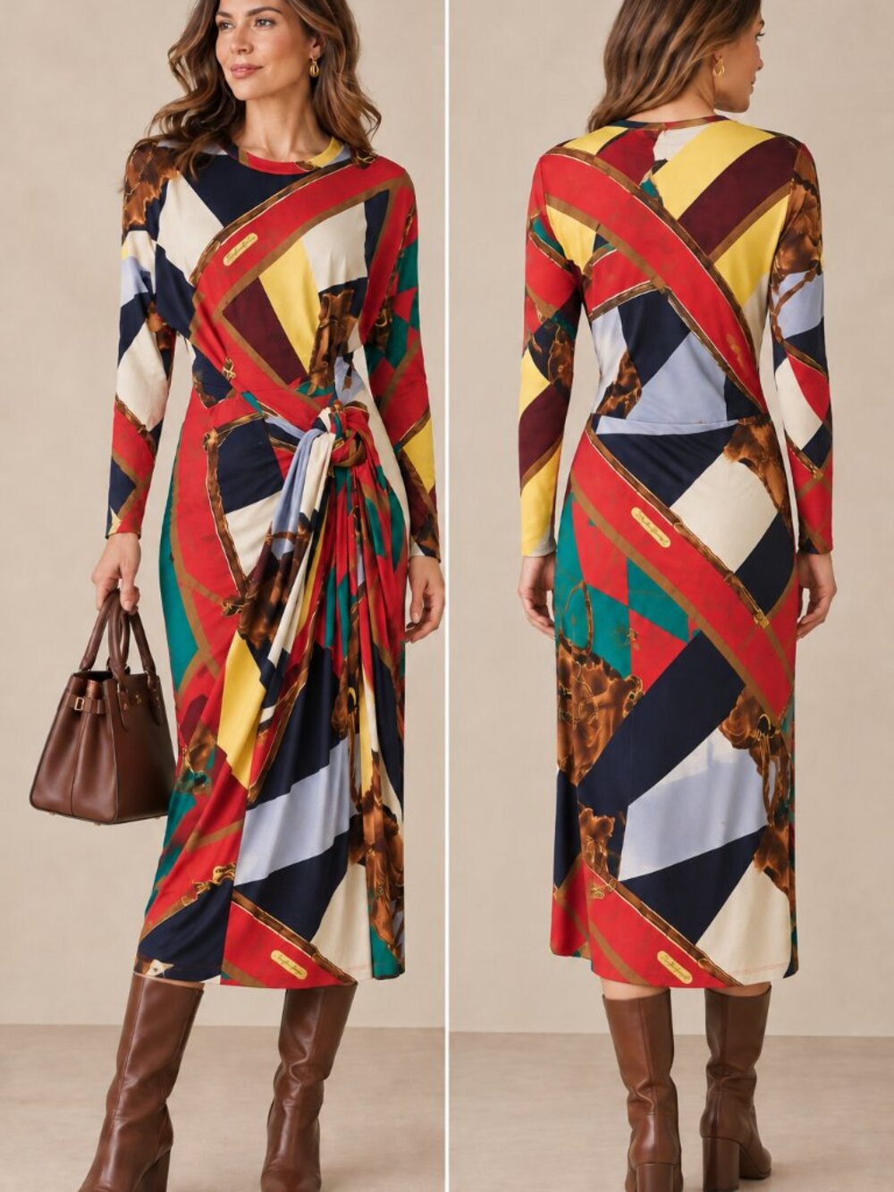 Polo Ralph Lauren Scarf-Print Long-Sleeve Wrap Midi Dress Size S NWT